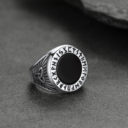 FaithHeart Viking Rune Ring Round Black Onyx Stone Rings FaithHeart