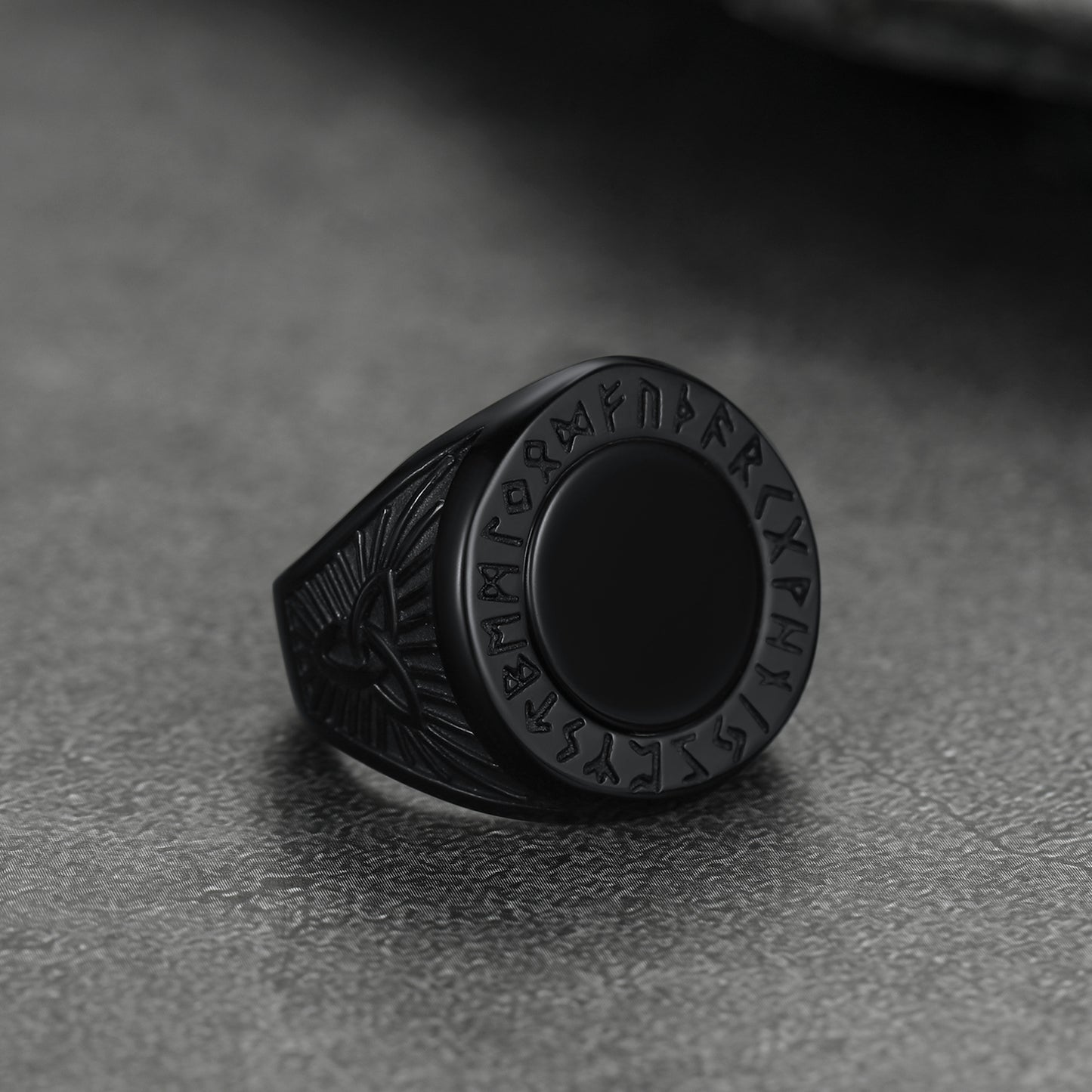 FaithHeart Viking Rune Ring Round Black Onyx Stone Rings FaithHeart