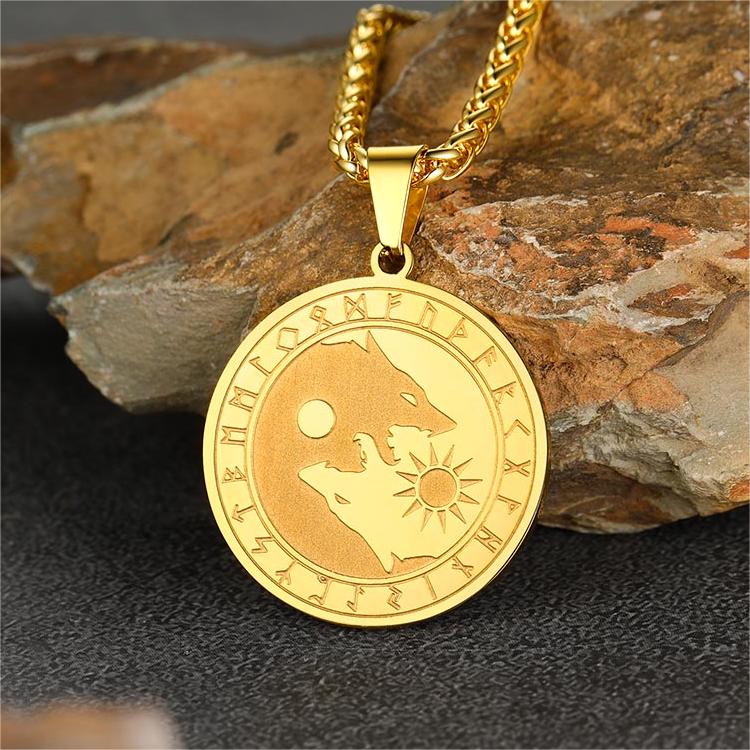 Viking Wolf Coin Necklace for Men with Runes Gold FaithHeart Jewelry