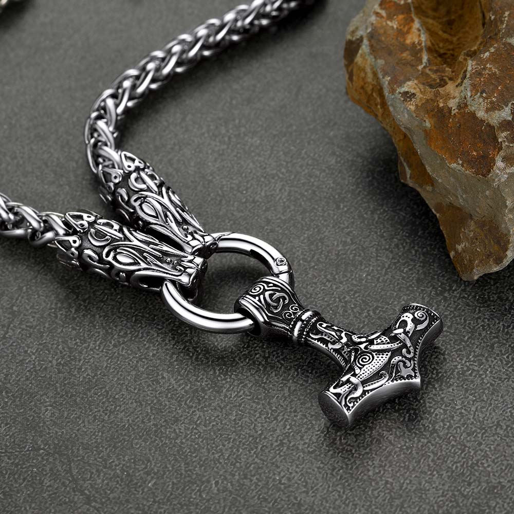 FaithHeart Viking Thor's Hammer Mjolnir Necklace For Men With Wolf Chain FaithHeart