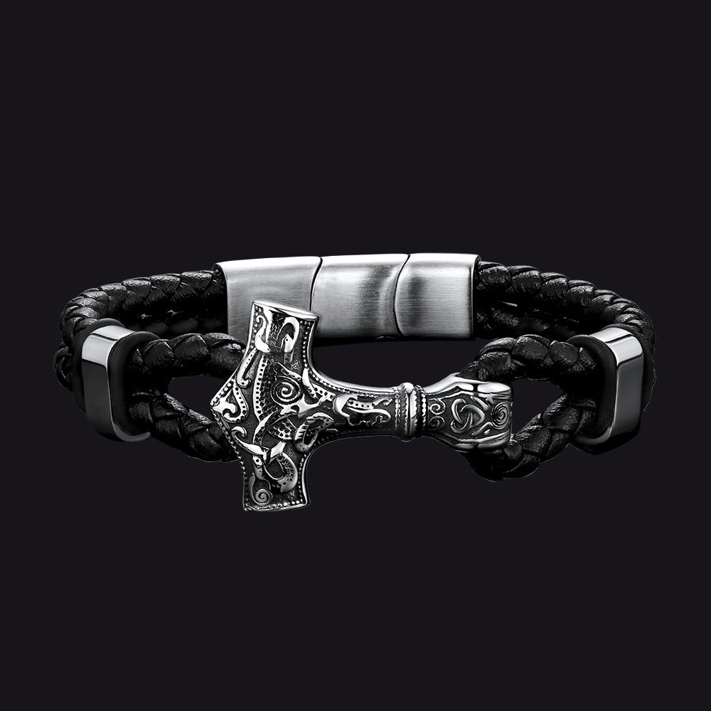 Viking Thors Hammer Mjolnir Braided Leather Bracelet Gift