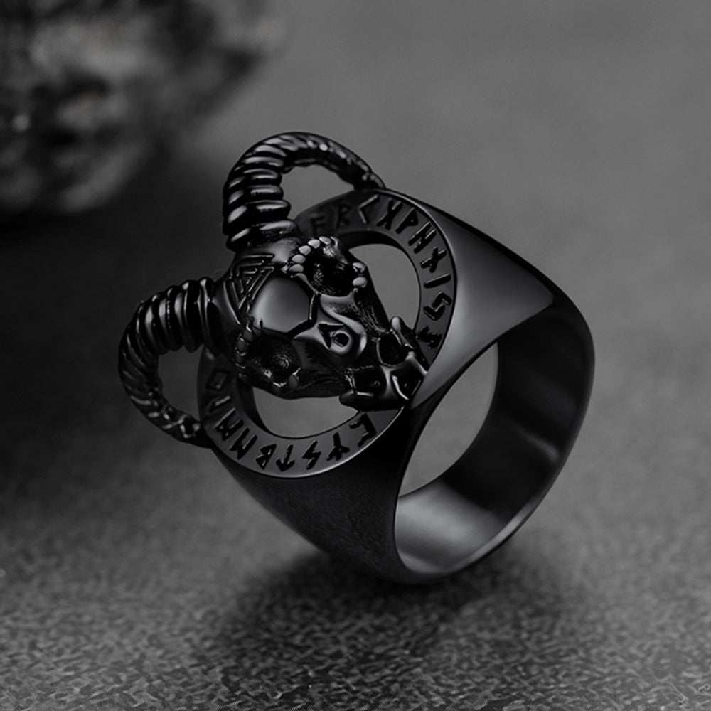 FaithHeart Satanic Goat Skull Ring With Viking Runes For Men FaithHeart