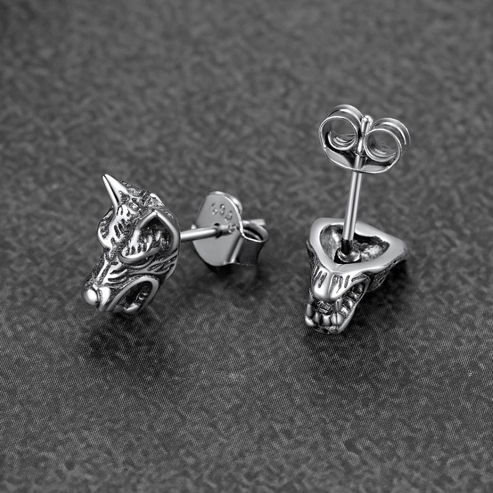 FaithHeart Sterling Silver Viking Wolf Stud Earrings For Men FaithHeart