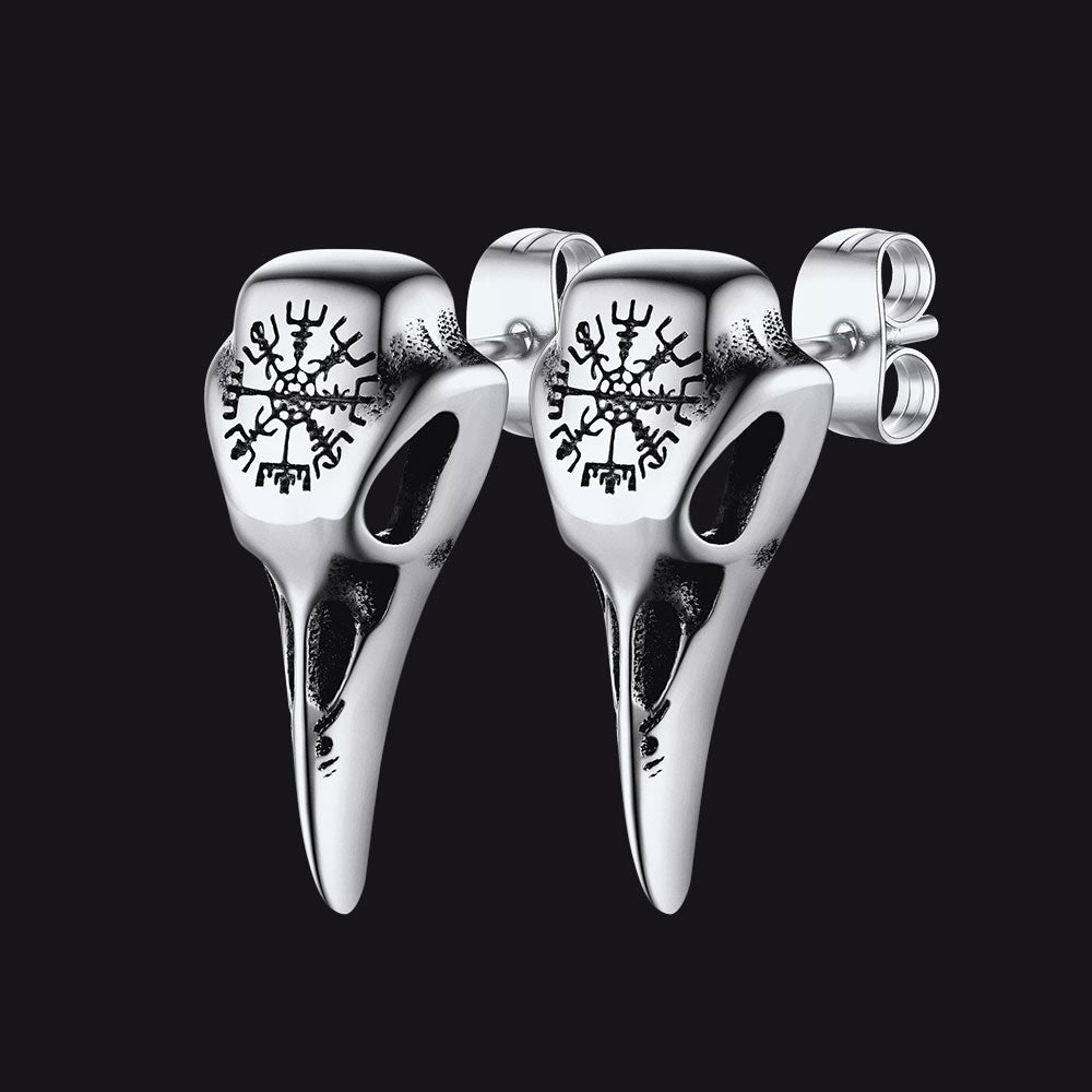 Viking Raven Skull Stud Earrings Viking Vegvisir