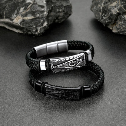FaithHeart Masonic Compass Braided Black Leather Bracelet For Men FaithHeart