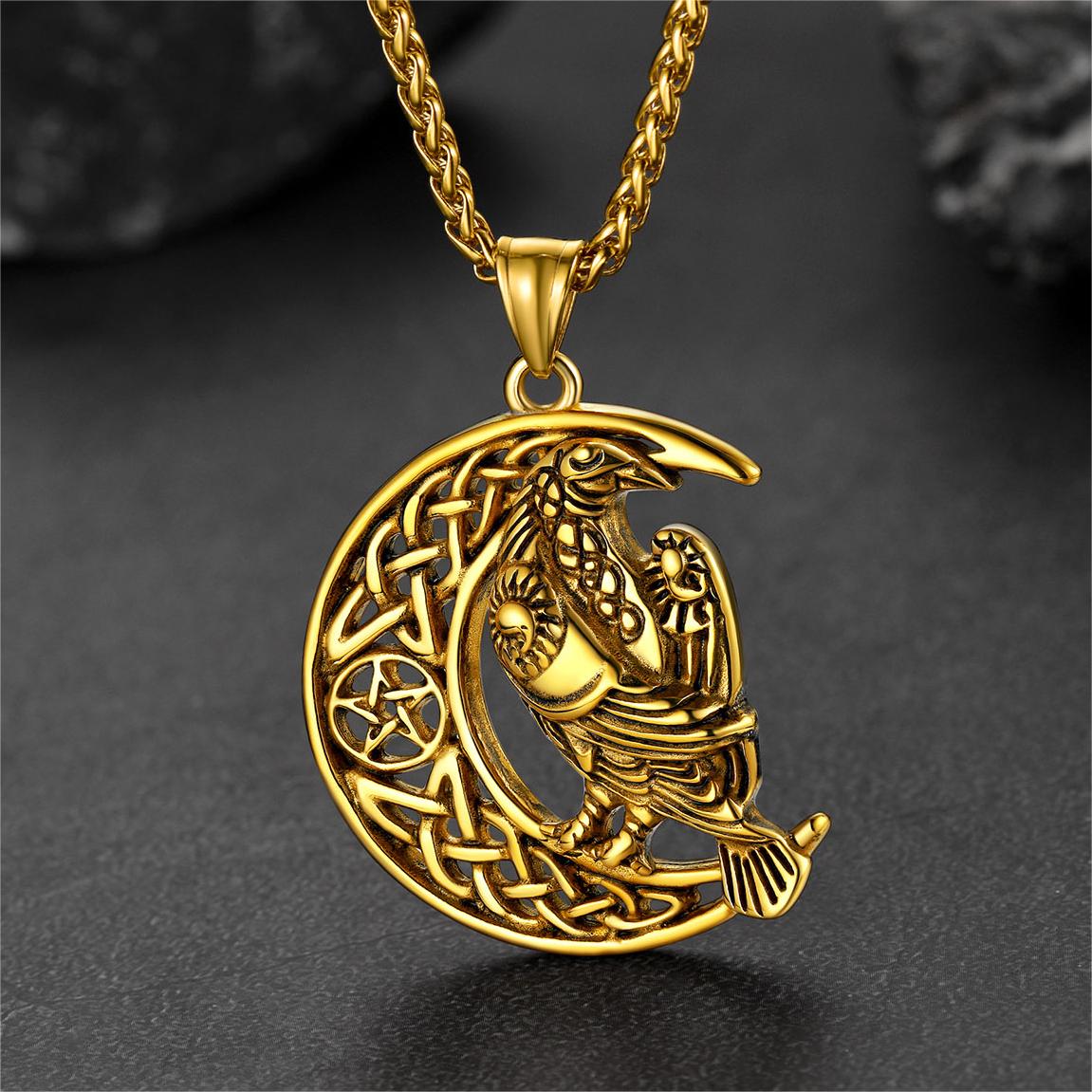 FaithHeart Viking Celtic Crescent Moon Necklace With Odin Raven FaithHeart