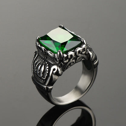 FaithHeart Vintage Crystal Crown Green Emerald Ring For Men FaithHeart