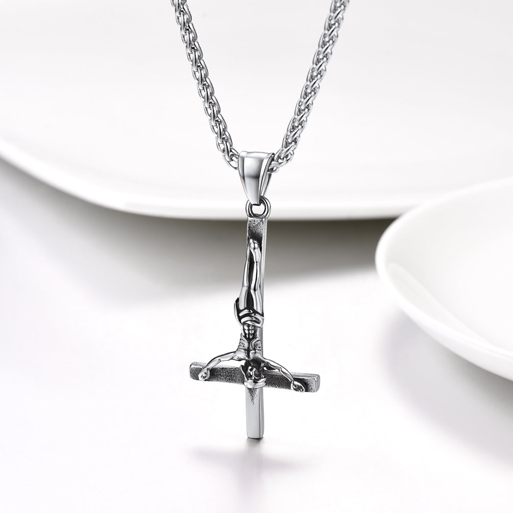 FaithHeart Unique Down Cross Necklace Stainless Steel Jesus Pendant for Men FaithHeart