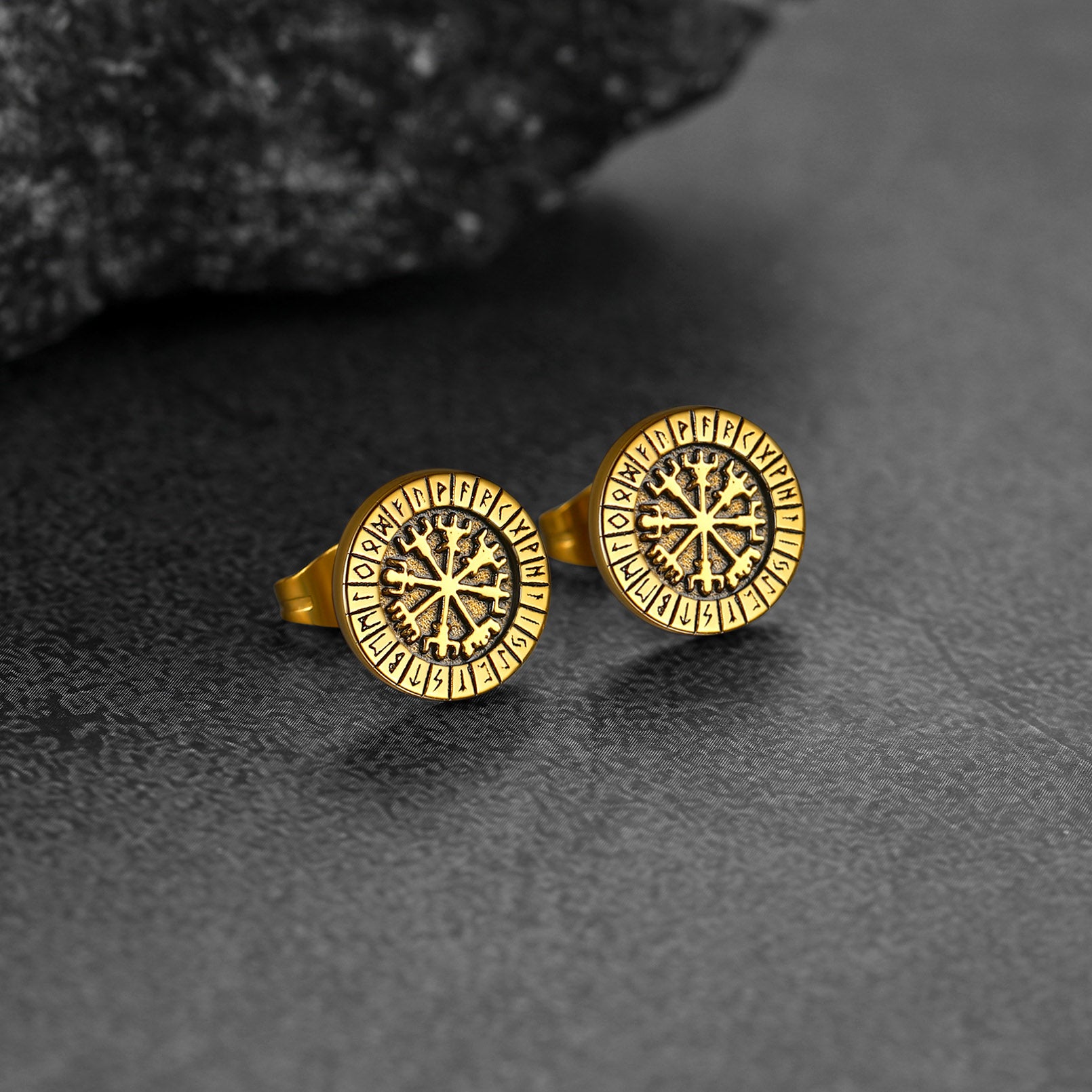 FaithHeart Viking Rune Compass Stud Earrings For Men FaithHeart