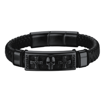 FaithHeart Punk Black Skull Leather Bracelet For Men FaithHeart