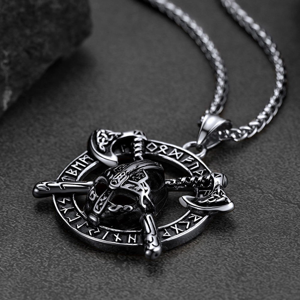 FaithHeart Viking Axe Helmet Pendant Necklace For Men With Runes FaithHeart