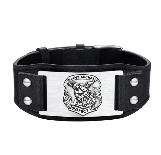 FaithHeart Saint Michael Cuff Bracelet Leather Wristband For Men FaithHeart