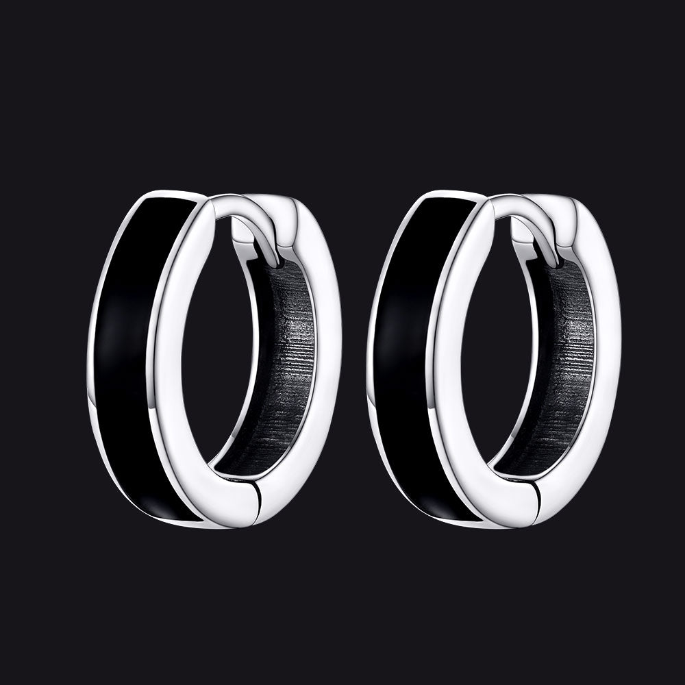 FaithHeart Sterling Silver Black Huggie Hoop Earrings For Men FaithHeart