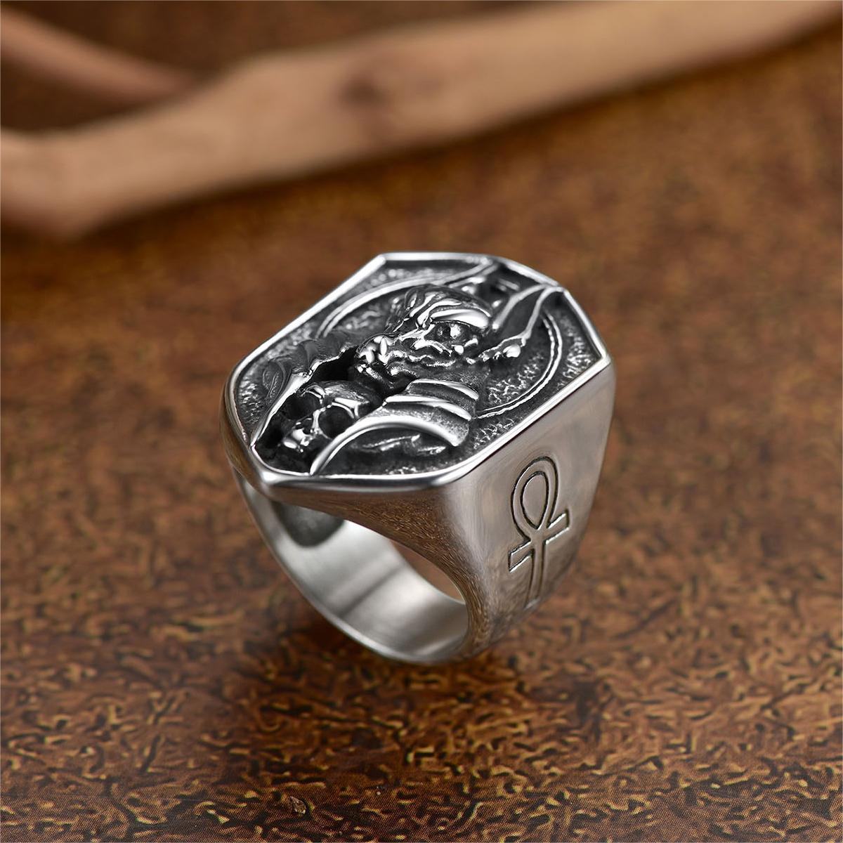 FaithHeart Ancient Egyptian Anubis Signet Ring With Ankh Cross for Men FaithHeart