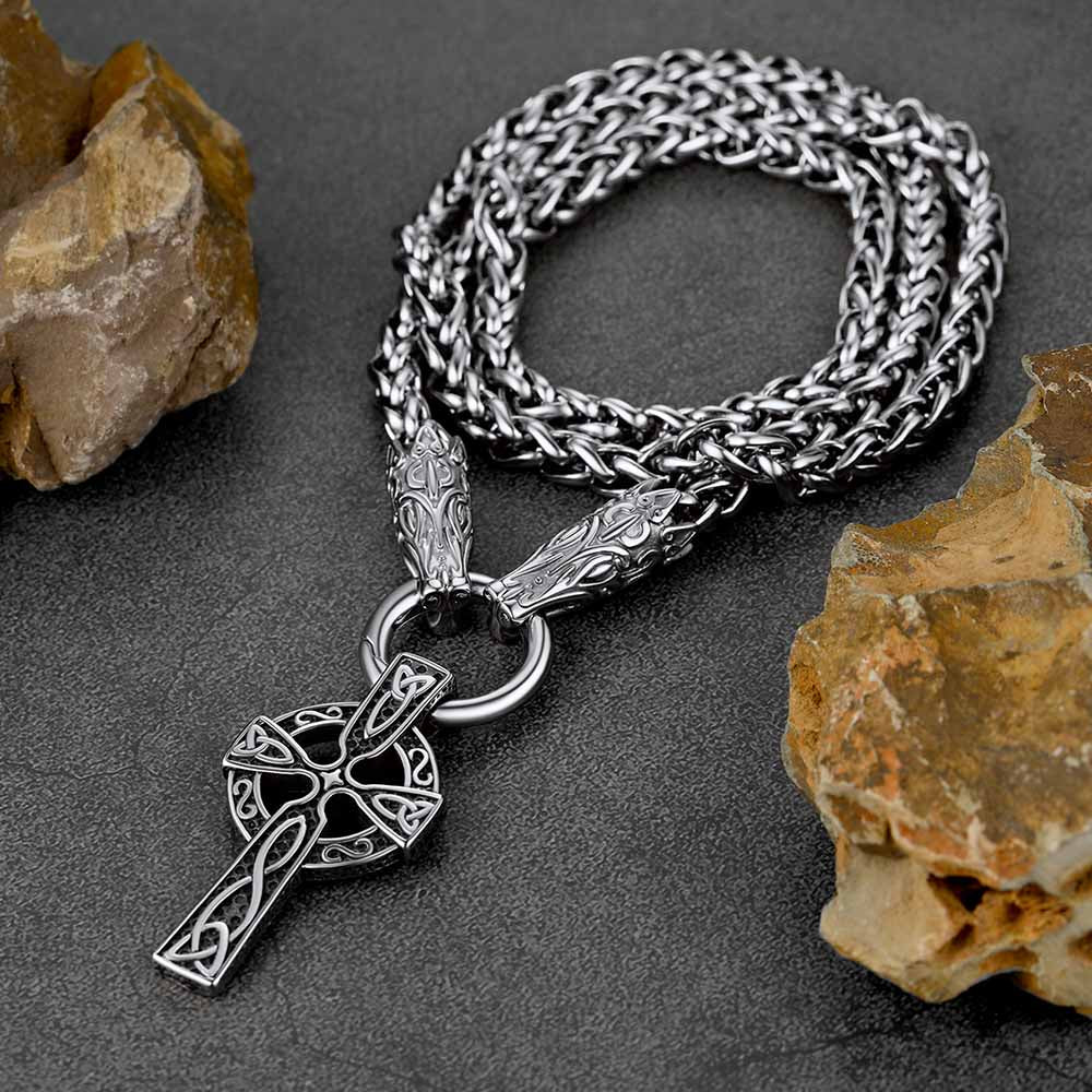 FaithHeart Celtic Knot Cross Necklace With Wolf Rope Chain For Men FaithHeart