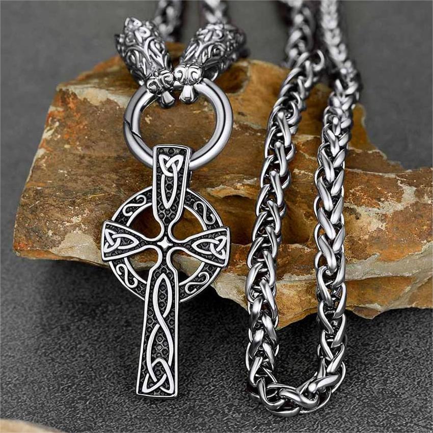 FaithHeart Celtic Knot Cross Necklace With Wolf Rope Chain For Men FaithHeart