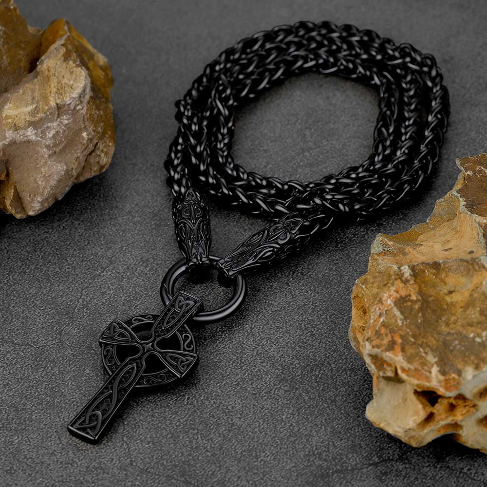 FaithHeart Celtic Knot Cross Necklace With Wolf Rope Chain For Men FaithHeart