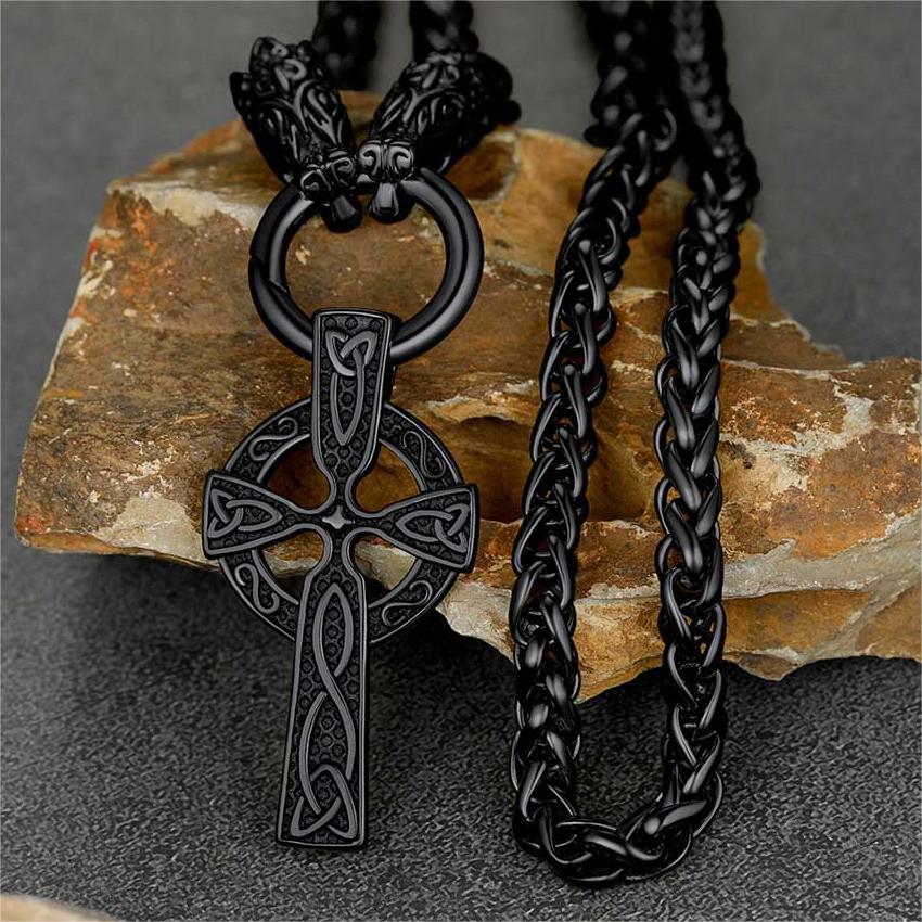 FaithHeart Celtic Knot Cross Necklace With Wolf Rope Chain For Men FaithHeart