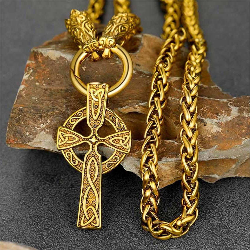 FaithHeart Celtic Knot Cross Necklace With Wolf Rope Chain For Men FaithHeart