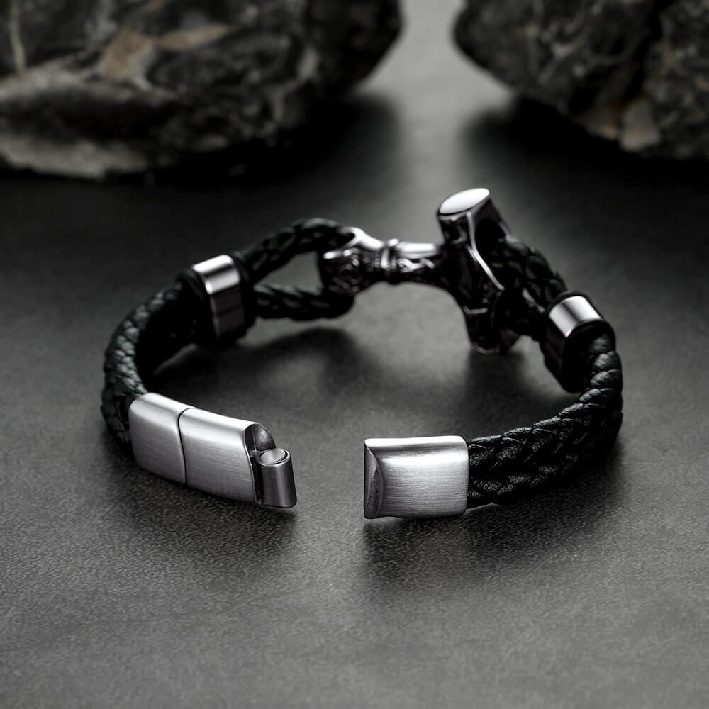 FaithHeart Viking Thor's Hammer Leather Bracelet For Men FaithHeart