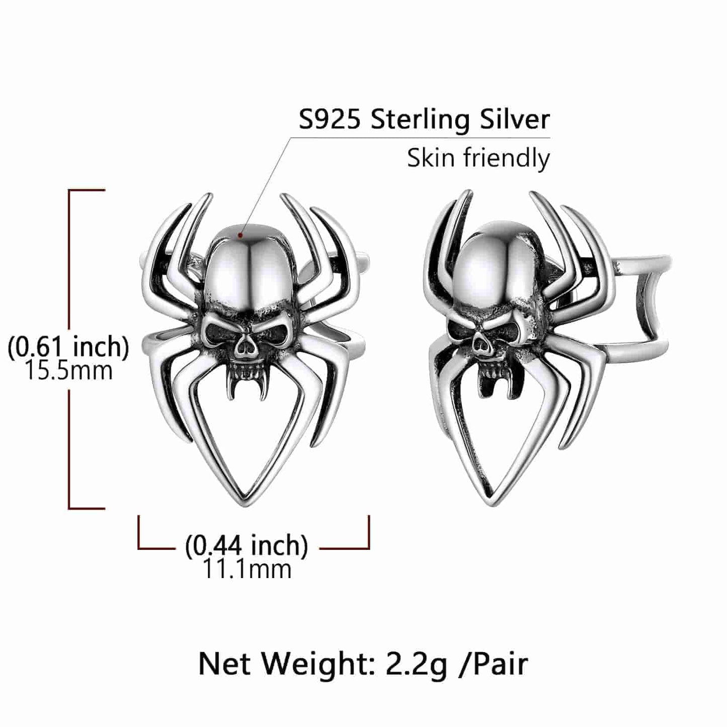 FaithHeart Sterling Silver Spider Skull Ear Cuff Earrings For Men FaithHeart