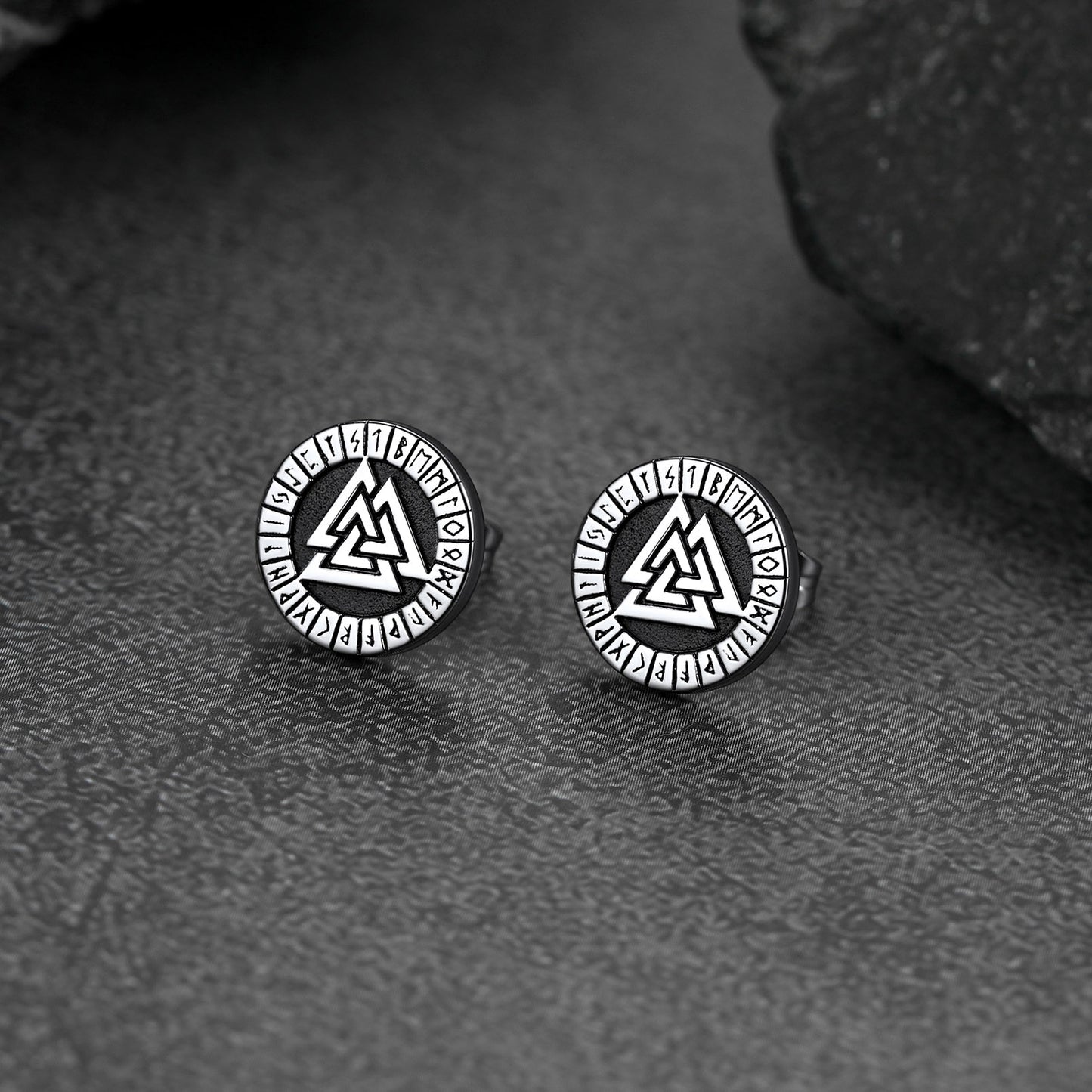 FaithHeart Viking Valknut Black Stud Earrings For Men With Runes FaithHeart