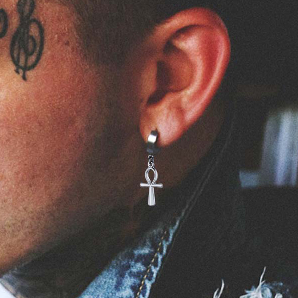 FaithHeart Ankh Cross Huggie Hoop Earrings for Men FaithHeart