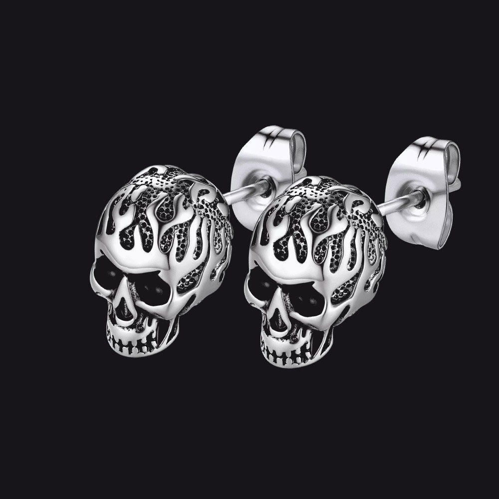 Gothic Flaming Skull Stud Earrings