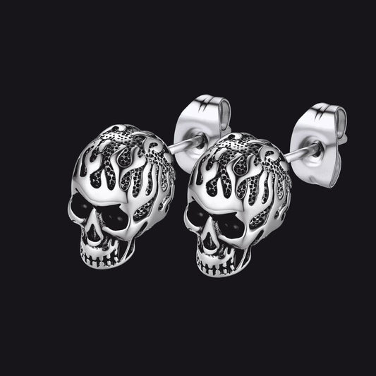 FaithHeart Gothic Flaming Skull Stud Earrings For Men FaithHeart