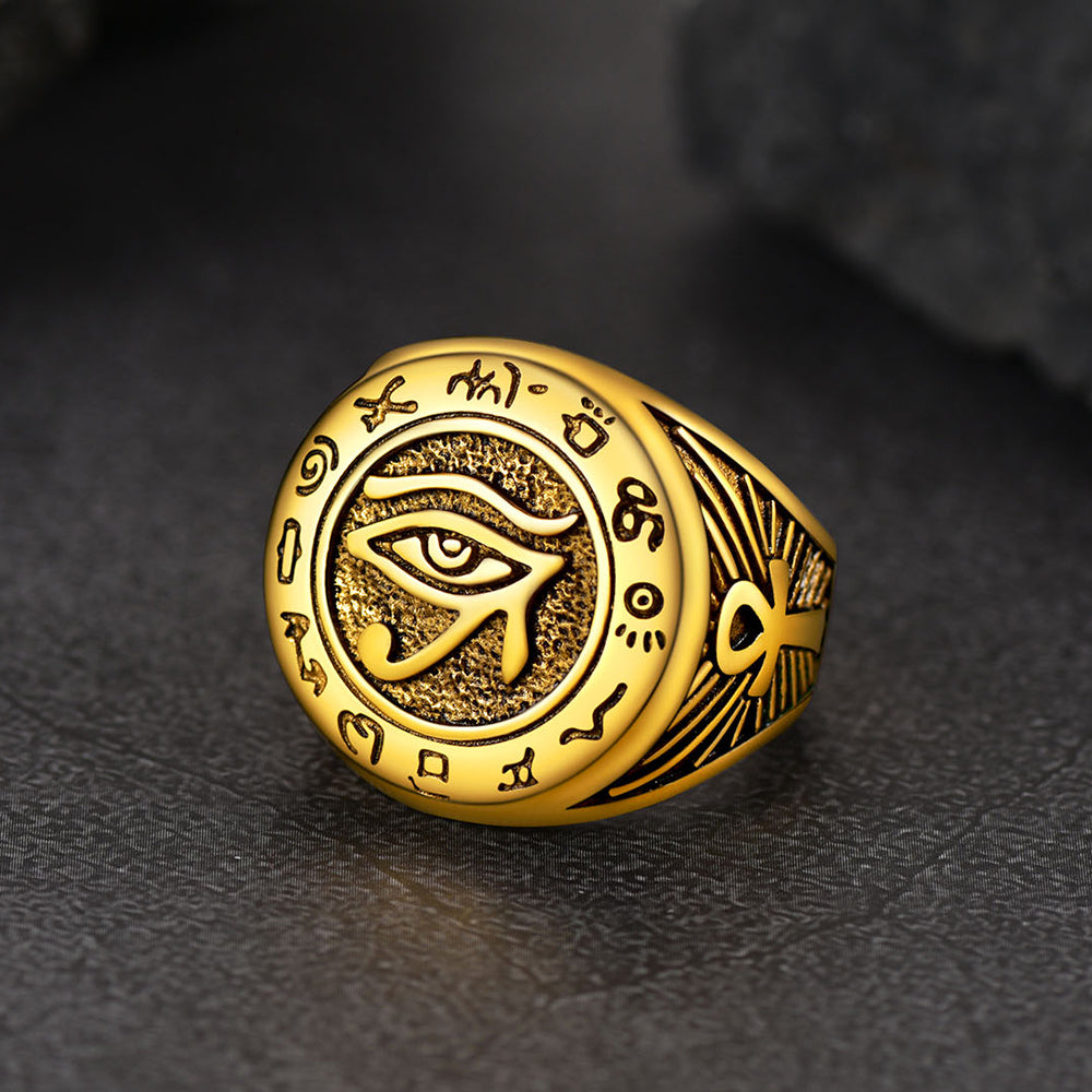 FaithHeart Egyptian Eye of Horus Signet Ring with Ankh Cross for Men FaithHeart