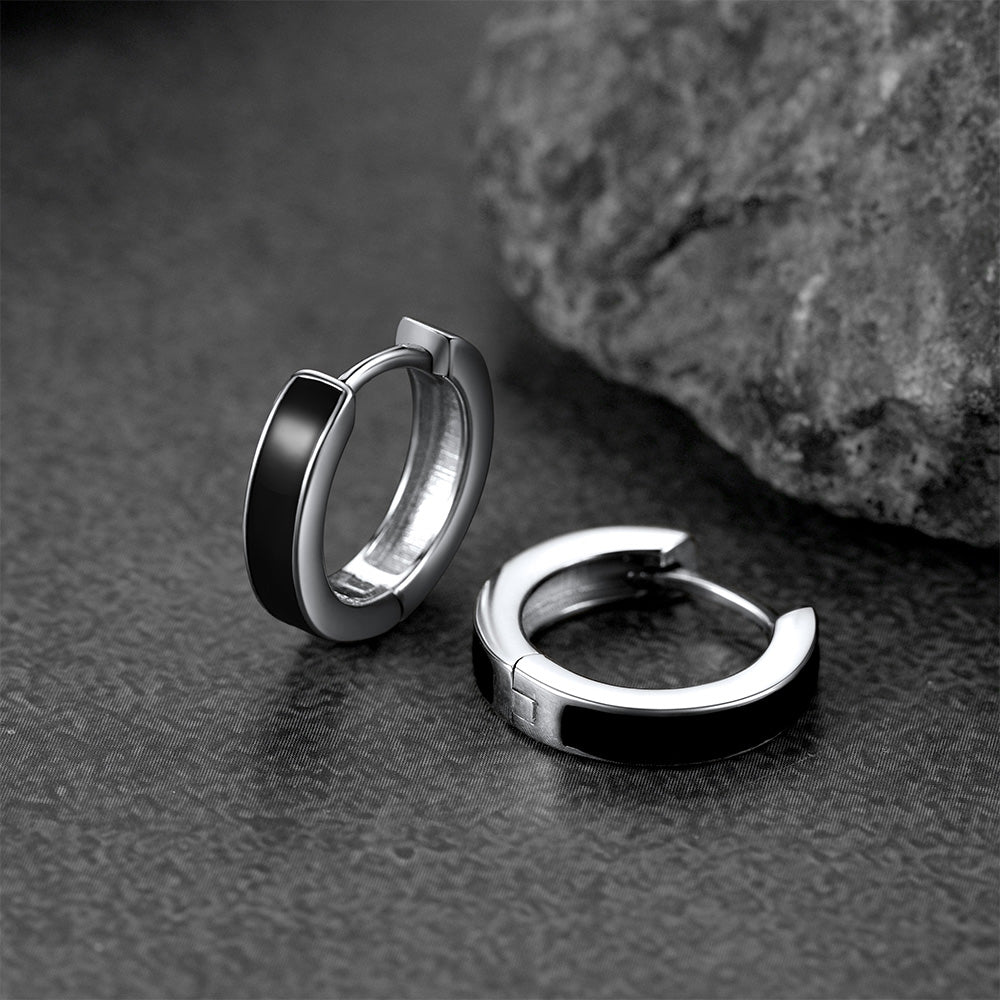 FaithHeart Sterling Silver Black Huggie Hoop Earrings For Men FaithHeart