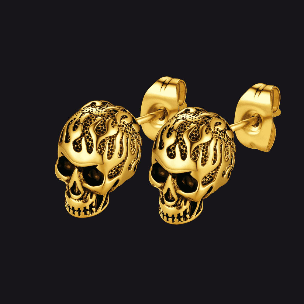 FaithHeart Gothic Flaming Skull Stud Earrings For Men FaithHeart