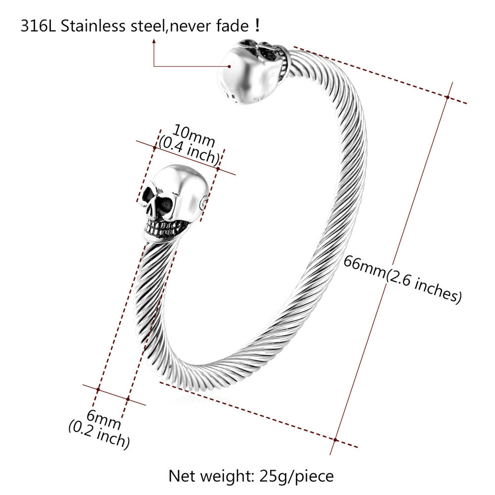 FaithHeart Stainless Steel Twin Skull Cuff Bracelet Twisted Cable Bangle for Men FaithHeart