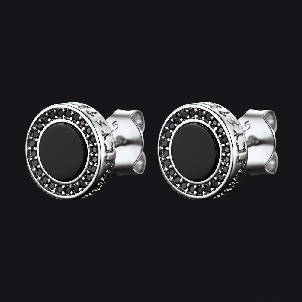 Viking Rune Onyx Stud Earrings Sterling Silver