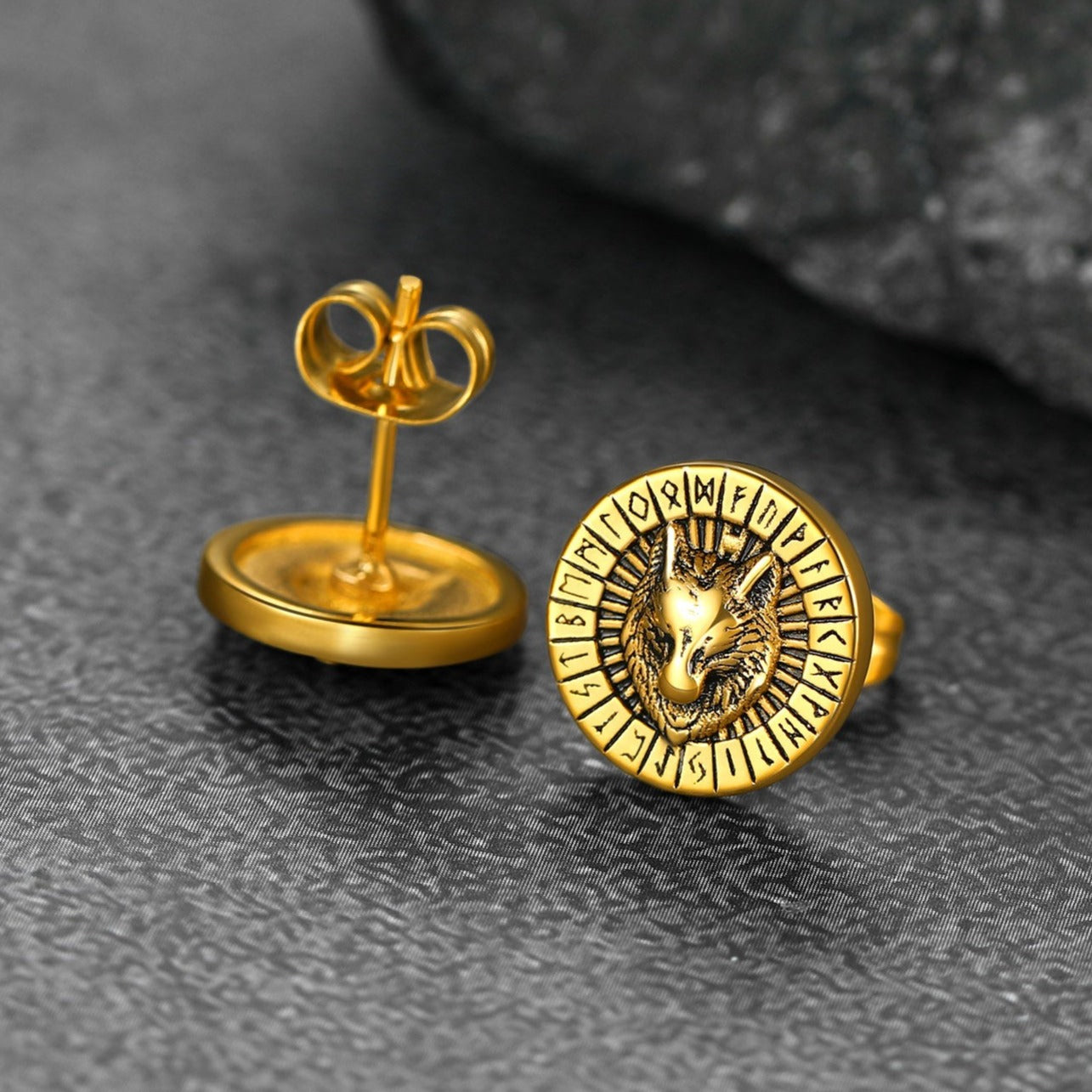 FaithHeart Viking Wolf Head Stud Earrings with Runes For Men FaithHeart