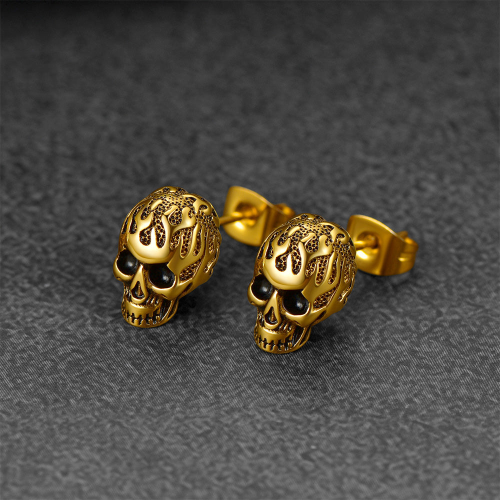 FaithHeart Gothic Flaming Skull Stud Earrings For Men FaithHeart