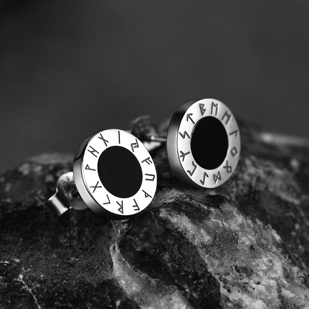 FaithHeart Black Onyx Stud Earrings With Viking Runes in Sterling Silver FaithHeart