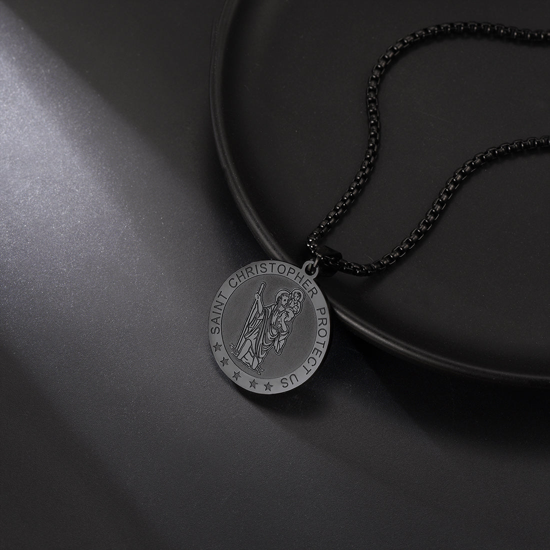FaithHeart Engraved Round St. Christopher Medal Pendant Necklace For Men FaithHeart