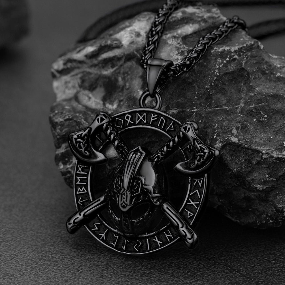 FaithHeart Viking Axe Helmet Pendant Necklace For Men With Runes FaithHeart