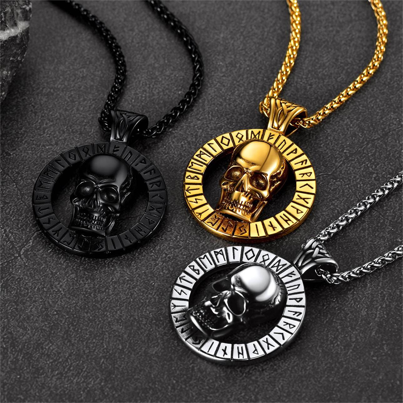 FaithHeart Gothic Skull Necklace For Men With Viking Runes FaithHeart