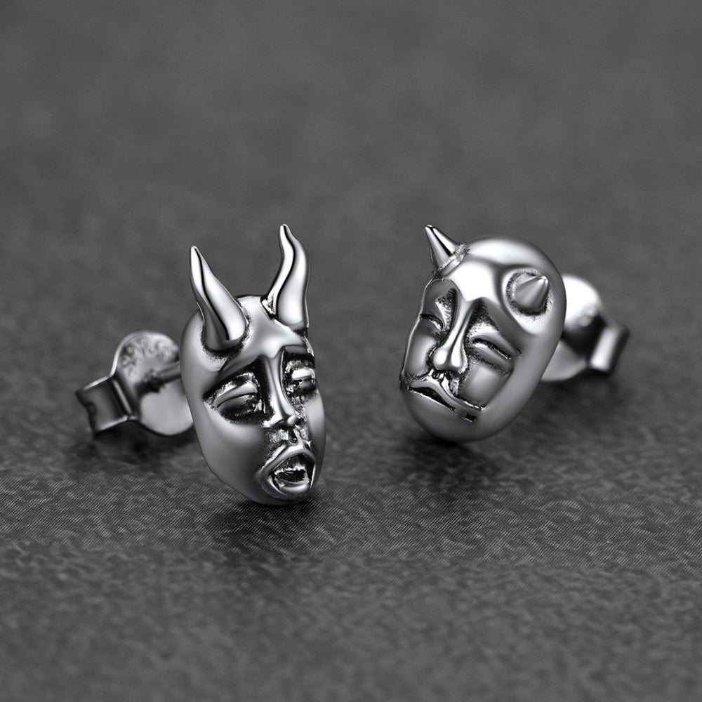 FaithHeart Sterling Silver Hannya Mask Stud Earrings For Men FaithHeart
