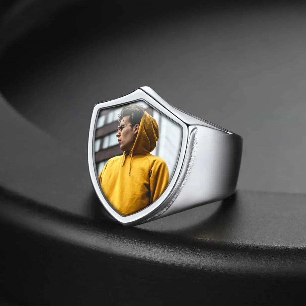 FaithHeart Custom Shield Signet Ring with Photo Engraved Ring for Men FaithHeart