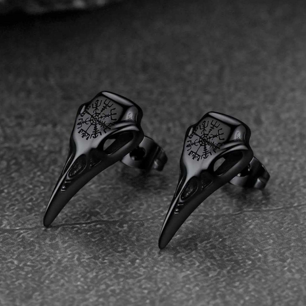 FaithHeart Viking Raven Skull Stud Earrings With Compass For Men FaithHeart