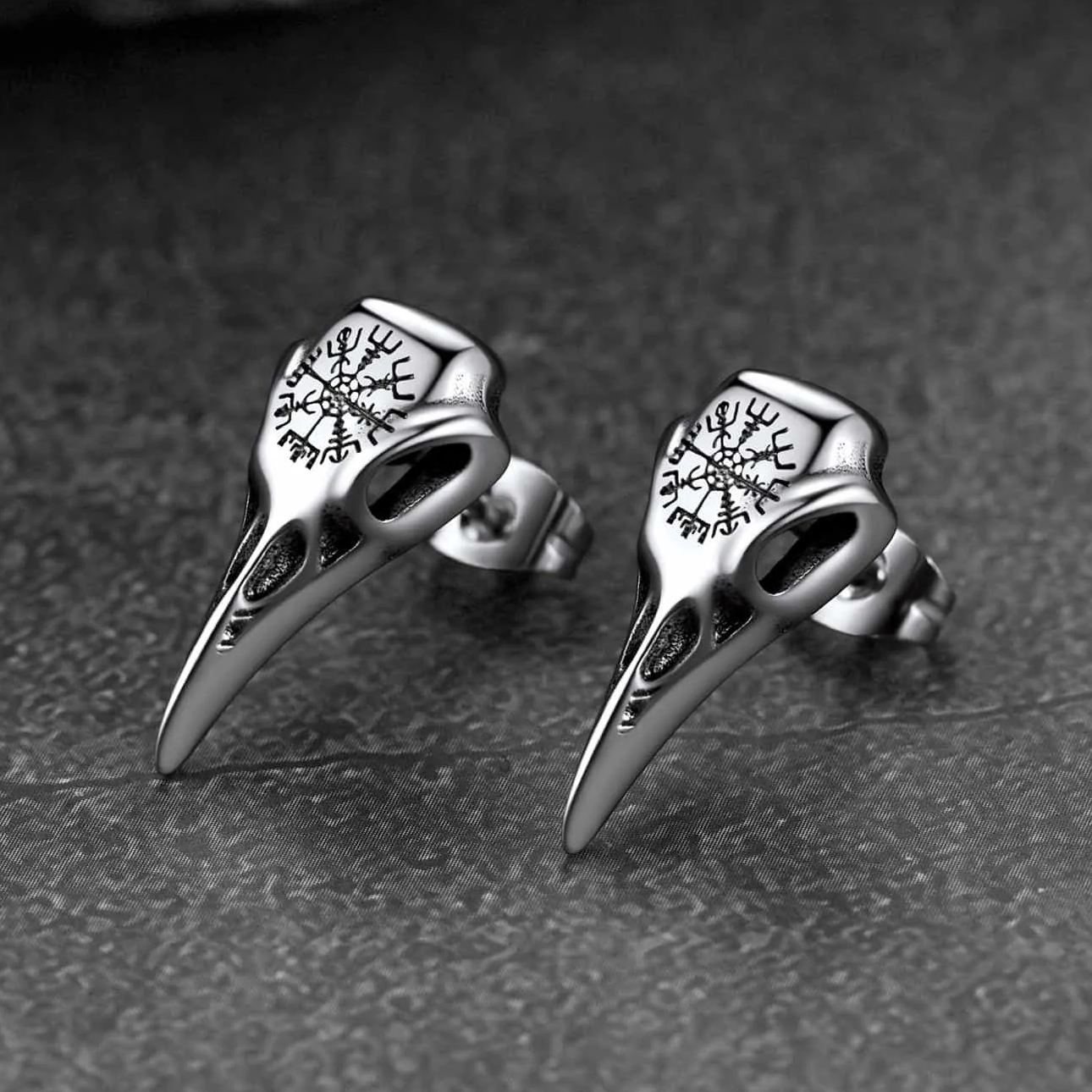 FaithHeart Viking Raven Skull Stud Earrings With Compass For Men FaithHeart