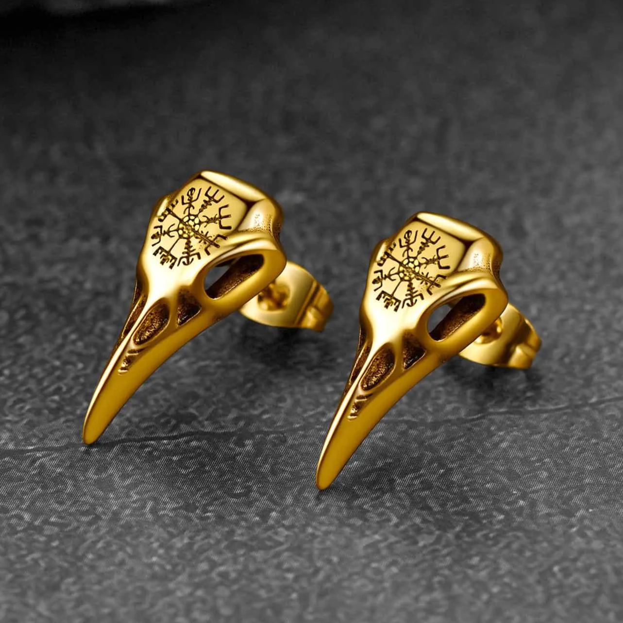 FaithHeart Viking Raven Skull Stud Earrings With Compass For Men FaithHeart