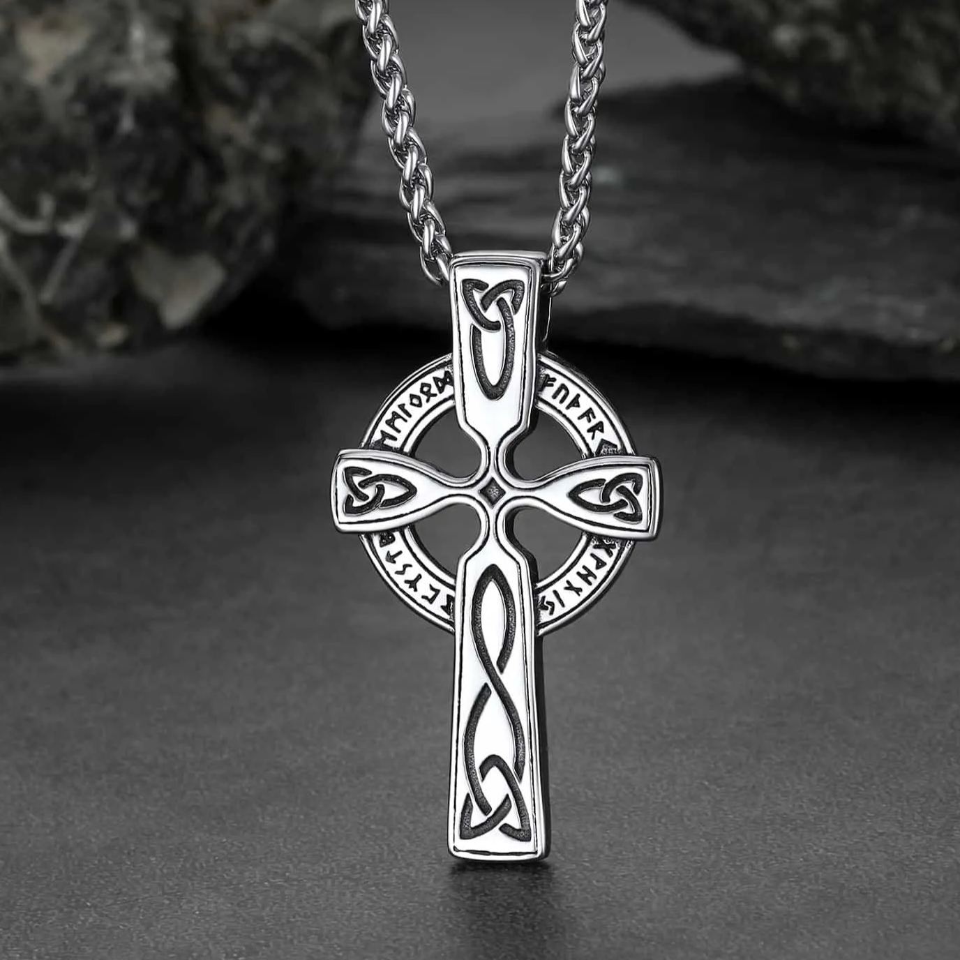 FaithHeart Celtic Knot Cross Necklace with Viking Runes for Men FaithHeart