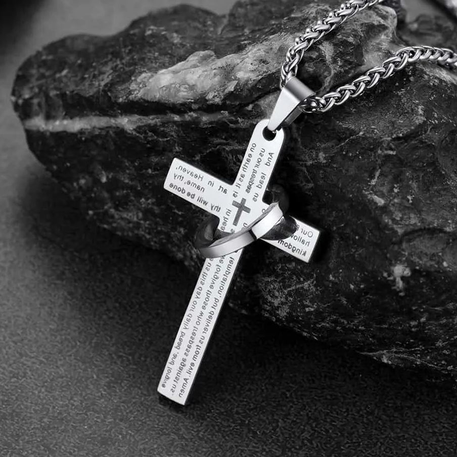 FaithHeart Lord's Prayer Cross Necklace For Men With Halo Ring FaithHeart