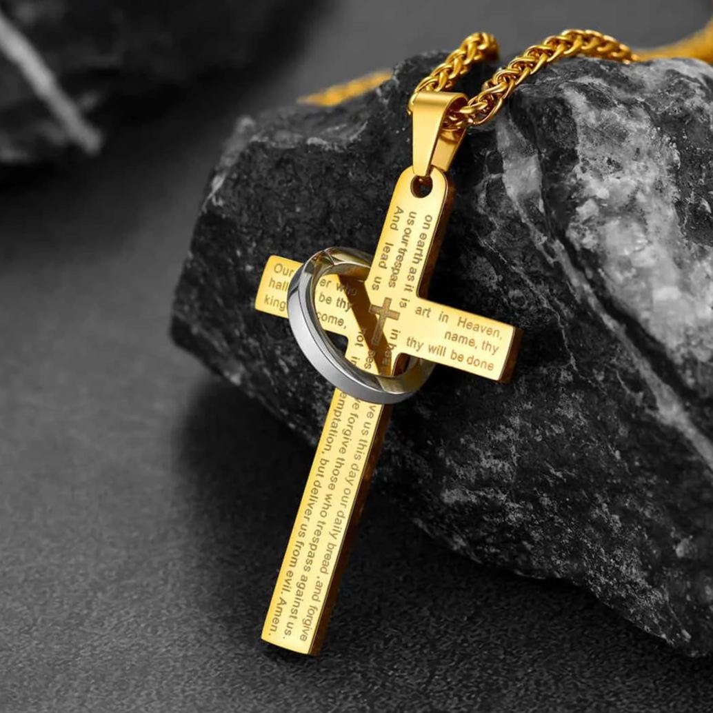 FaithHeart Lord's Prayer Cross Necklace For Men With Halo Ring FaithHeart